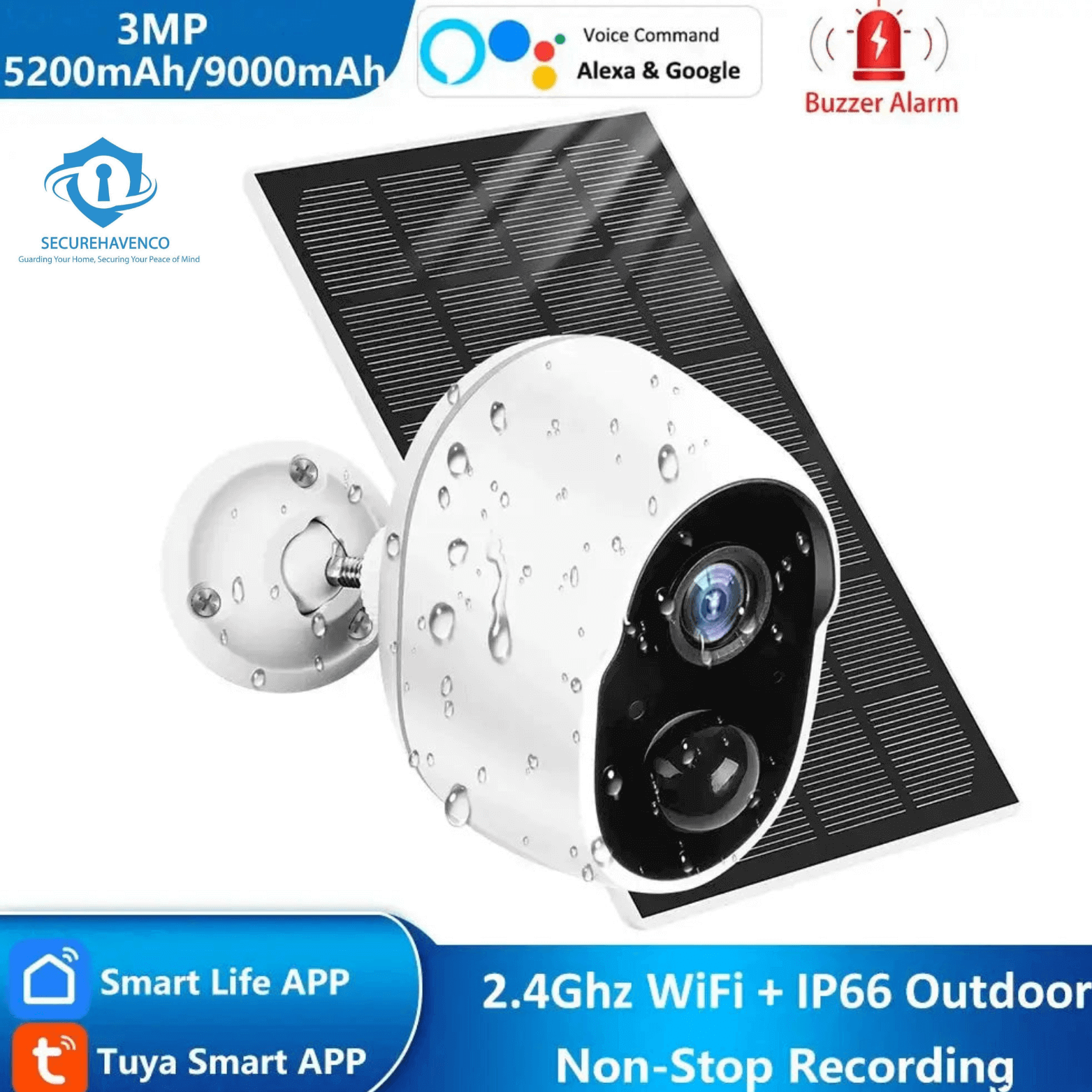  3MP Outdoor Solar WiFi Security Camera with Siren - SecureHavenCo